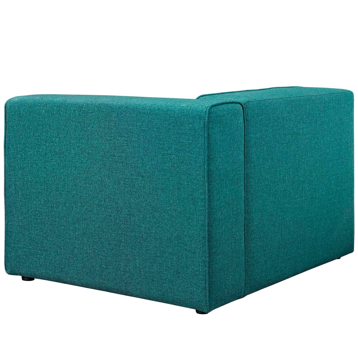 Teal fabric right-facing sofa with a boxy silhouette, square arms and low feet.