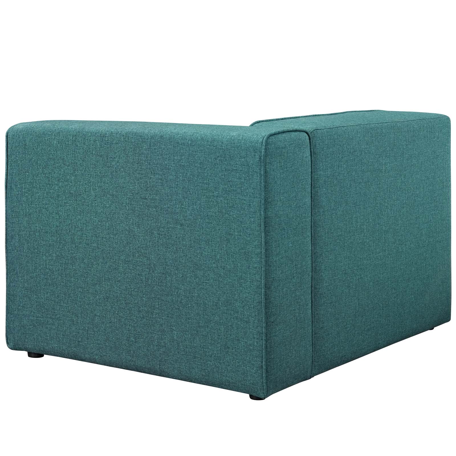 Teal fabric right-facing sofa with a boxy silhouette, square arms and low feet.