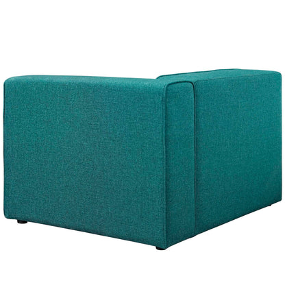 Teal fabric right-facing sofa with a boxy silhouette, square arms and low feet.