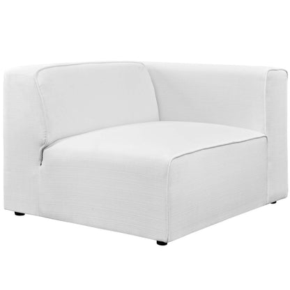 White fabric upholstered right-facing sofa with squared arms and thick seat cushions, modern compact design.