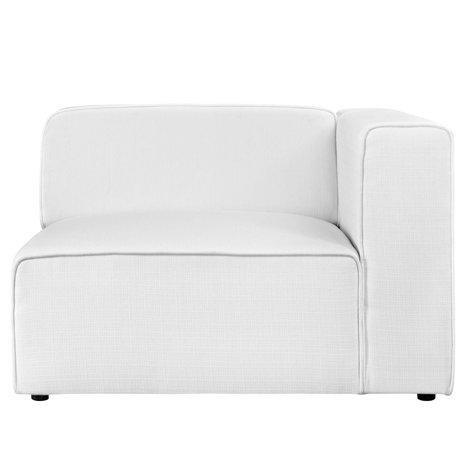 White textured fabric right-facing sofa with a single blocky armrest, modern compact seating for living room.