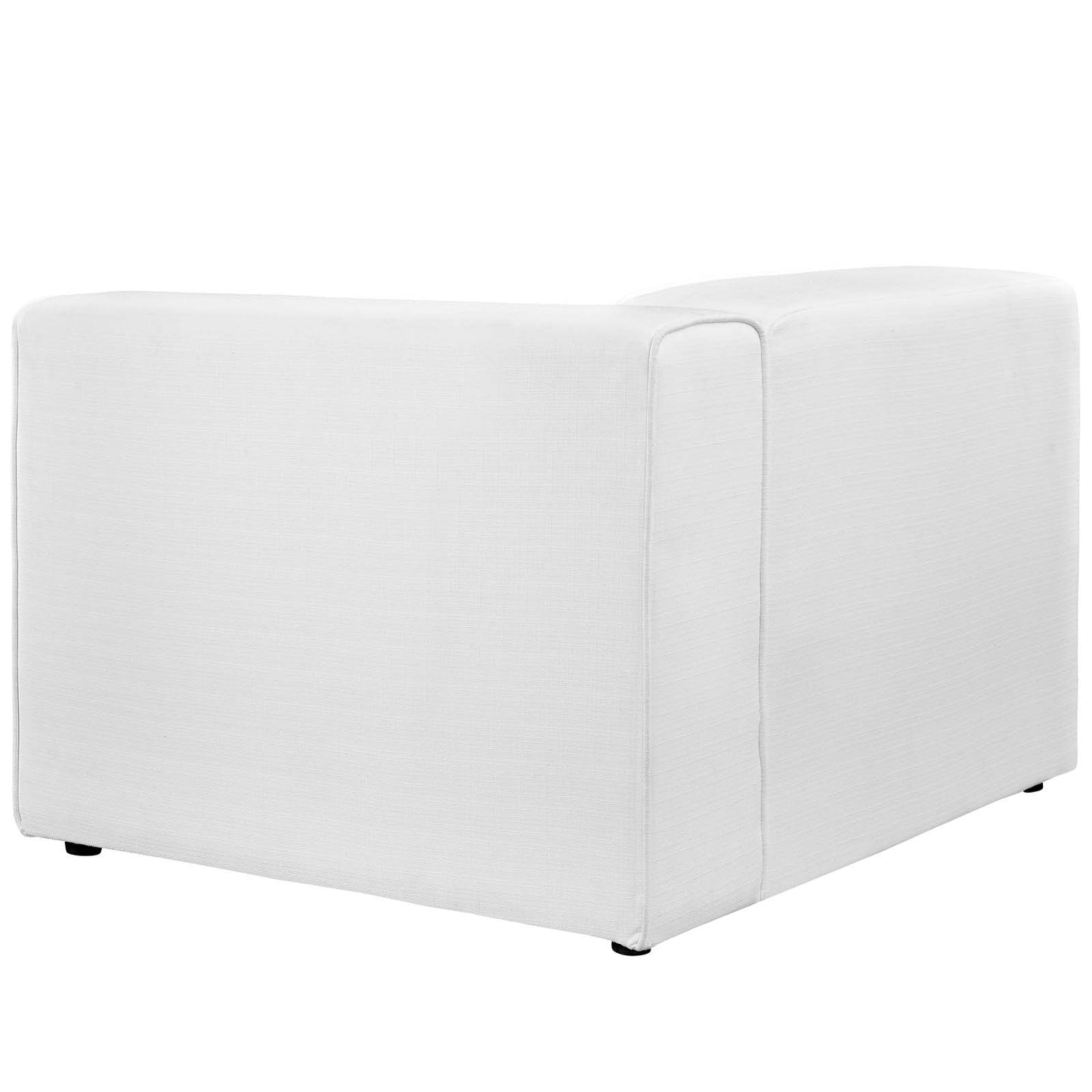White fabric right-facing sofa with a boxy profile and low-profile legs.