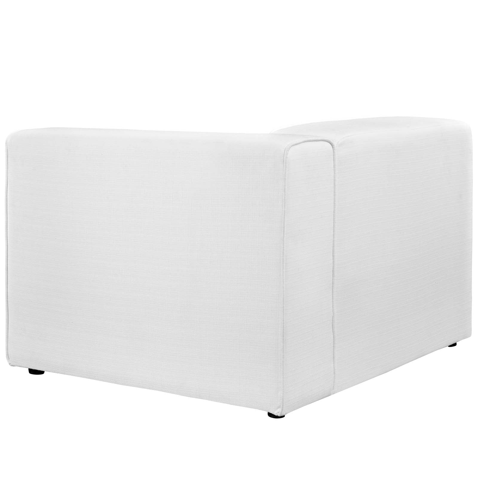 White fabric right-facing sofa with a boxy profile and low-profile legs.