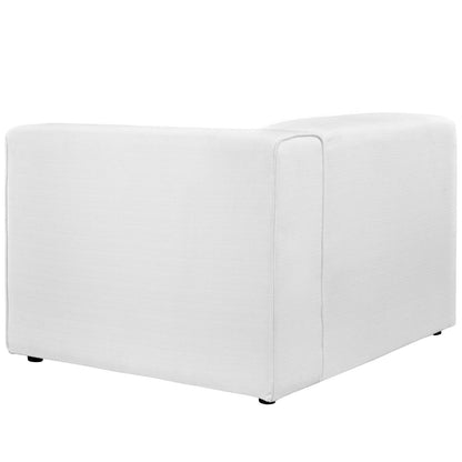White fabric right-facing sofa with a boxy profile and low-profile legs.