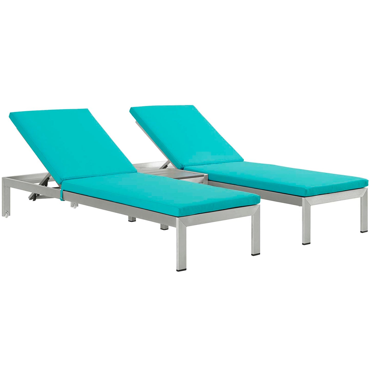 Modway Outlet Shore 3 Piece Outdoor Patio Aluminum Chaise with Cushions by Modway  Outdoor Furniture Furniture Silver Turquoise - EEI-2736-SLV-TRQ-SET