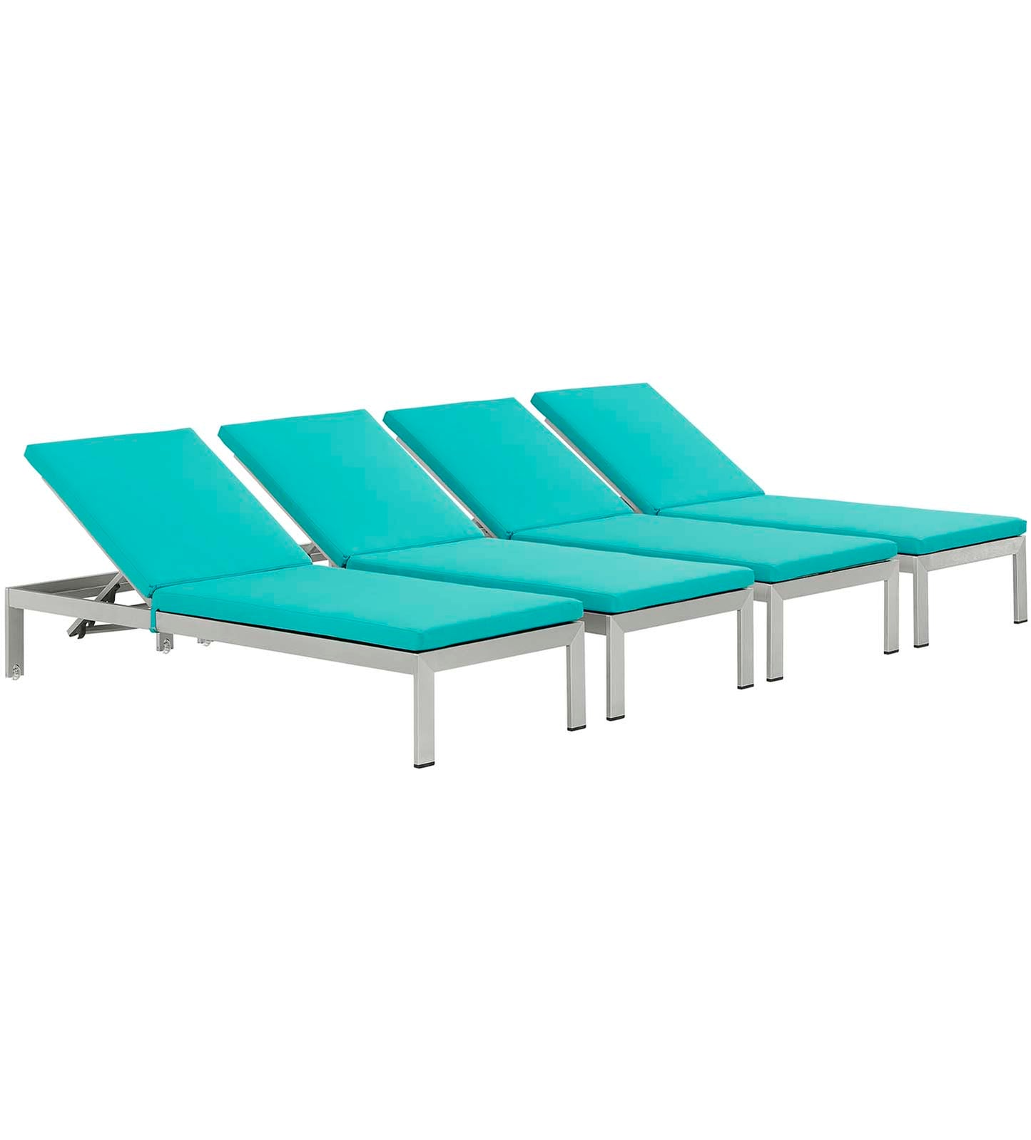 Modway Outlet Shore Outdoor Patio Aluminum Chaise with Cushions Set of 4 by Modway  Outdoor Furniture Furniture Silver Turquoise - EEI-2738-SLV-TRQ-SET