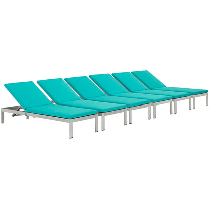Modway Outlet Shore Outdoor Patio Aluminum Chaise with Cushions Set of 6 by Modway  Outdoor Furniture Furniture Silver Turquoise - EEI-2739-SLV-TRQ-SET