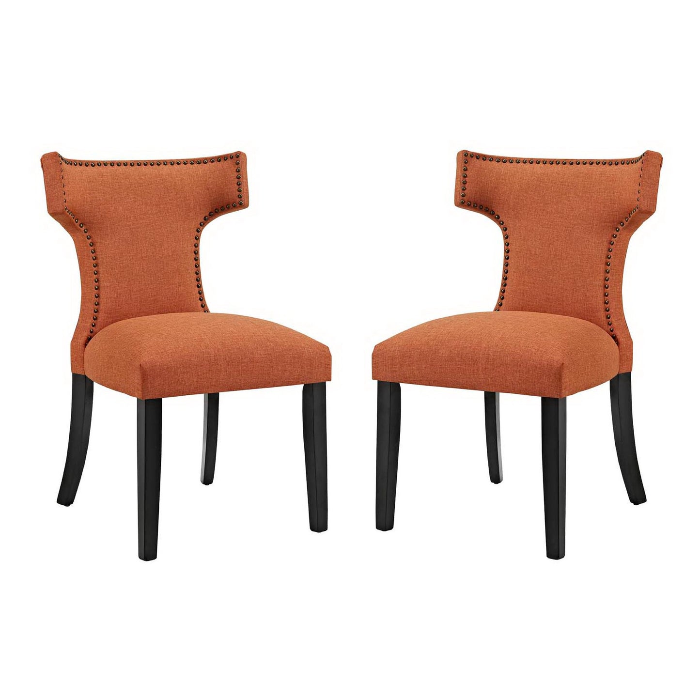 Set of two orange upholstered dining chairs with curved backs, nailhead trim, & black legs.