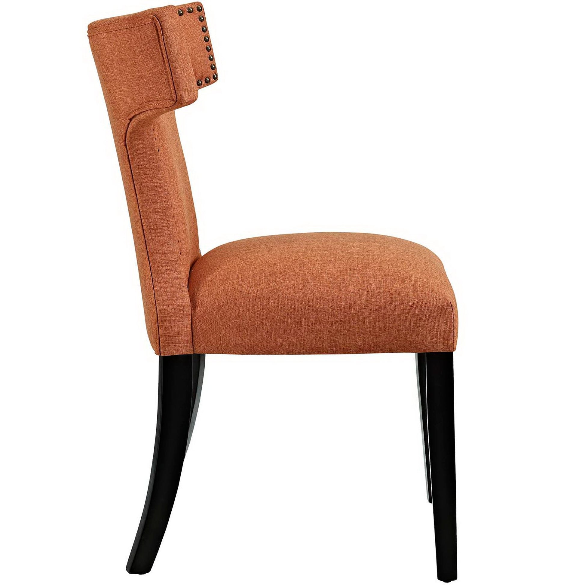 Orange upholstered dining chair with tall backrest, studded nailhead trim, & black curved legs.