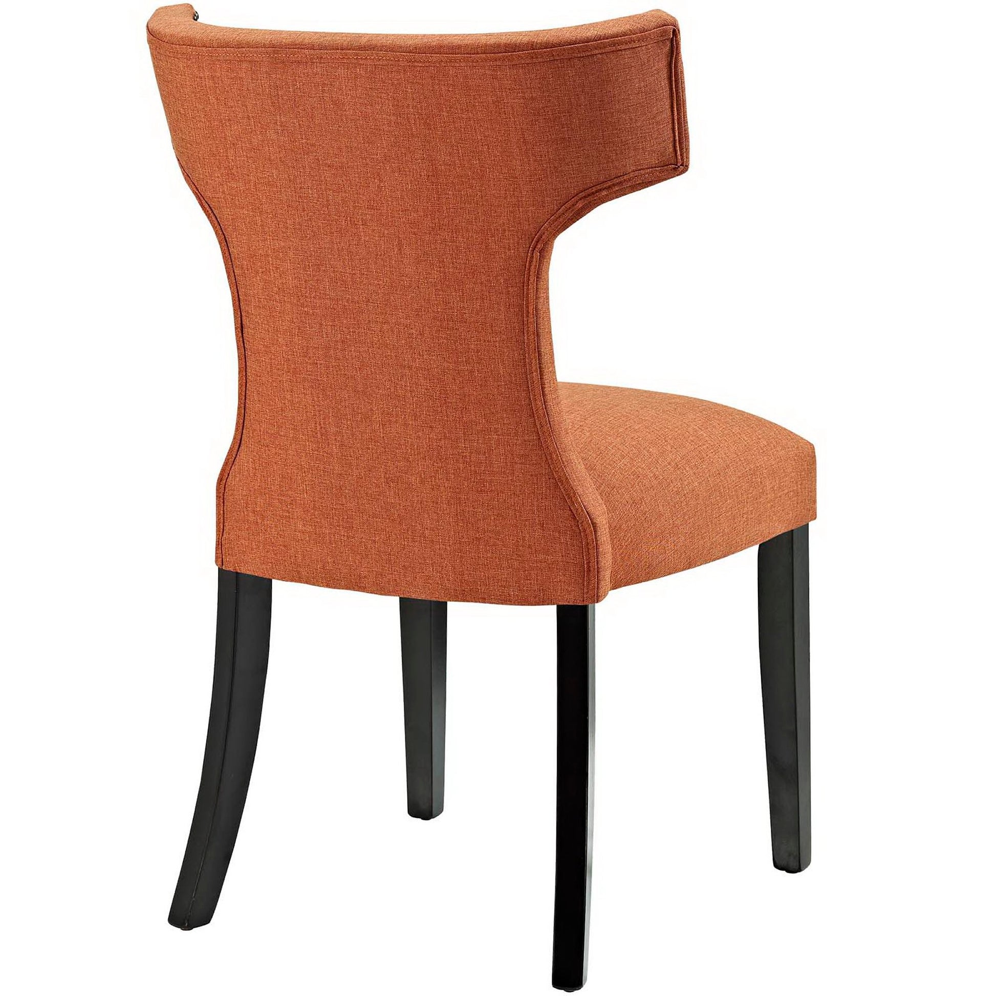 Orange curved-back dining side chair with black tapered legs, upholstered fabric, modern contemporary style.