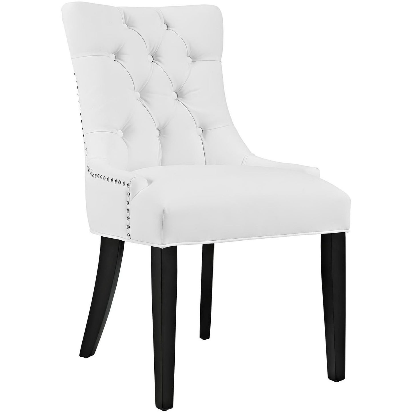 White tufted dining chair with dark wood legs, nailhead trim, curved high back, cushioned seat.