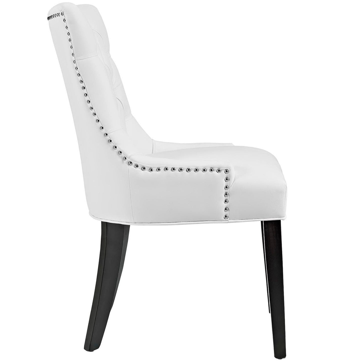 White faux-leather accent chair with silver nailhead trim, high curved back, & dark wood tapered legs.