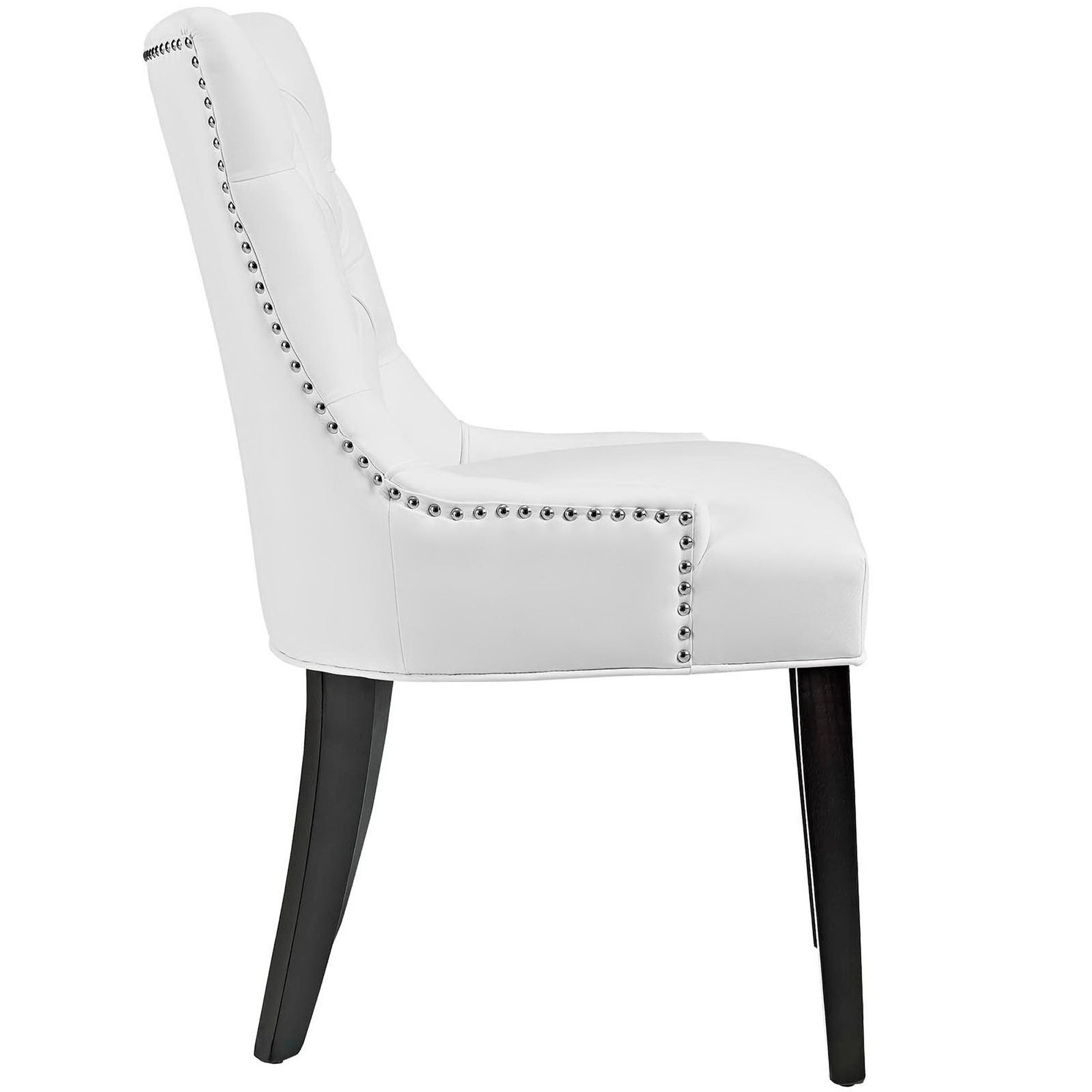 White faux-leather accent chair with silver nailhead trim, high curved back, & dark wood tapered legs.