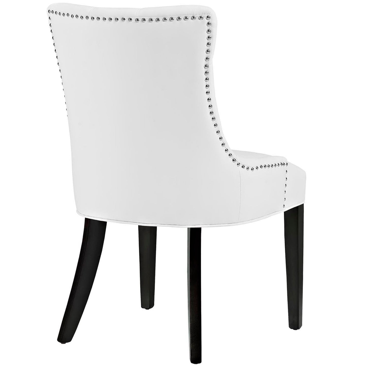 White vinyl dining side chair, set of 2, with silver nailhead trim, curved back and dark wood legs.