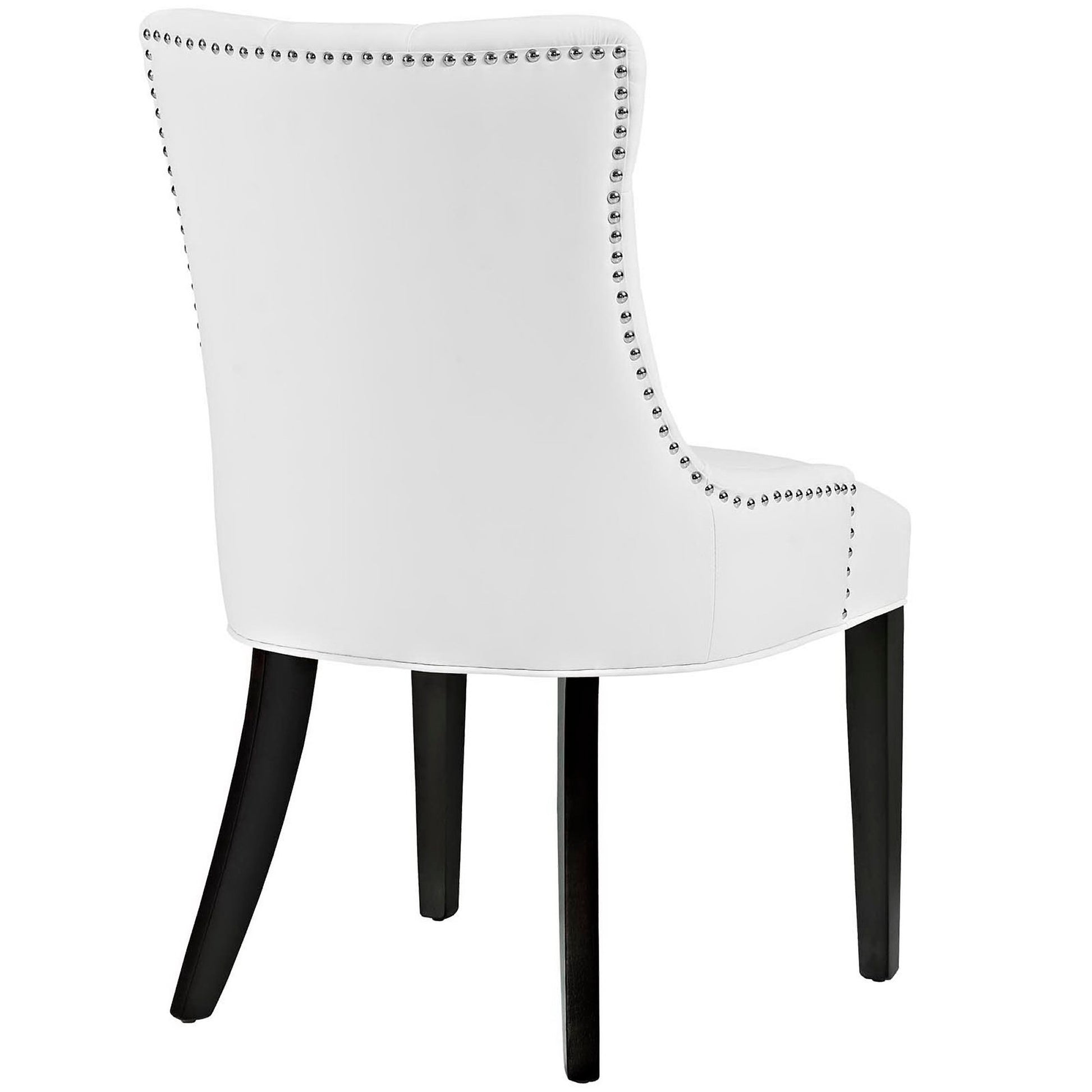 White vinyl dining side chair, set of 2, with silver nailhead trim, curved back and dark wood legs.
