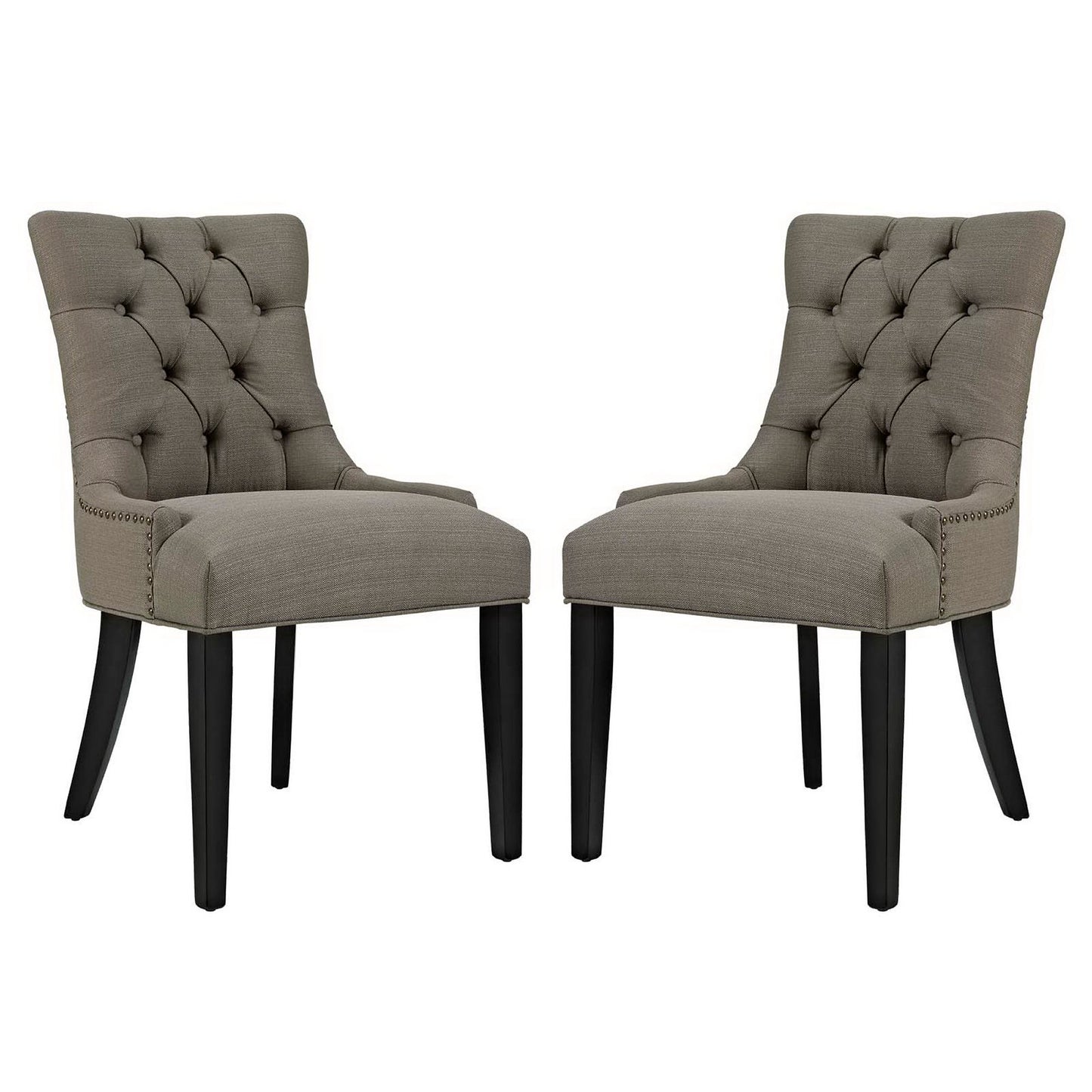 Taupe fabric-upholstered tufted dining chairs, set of two with nailhead trim and black tapered legs.