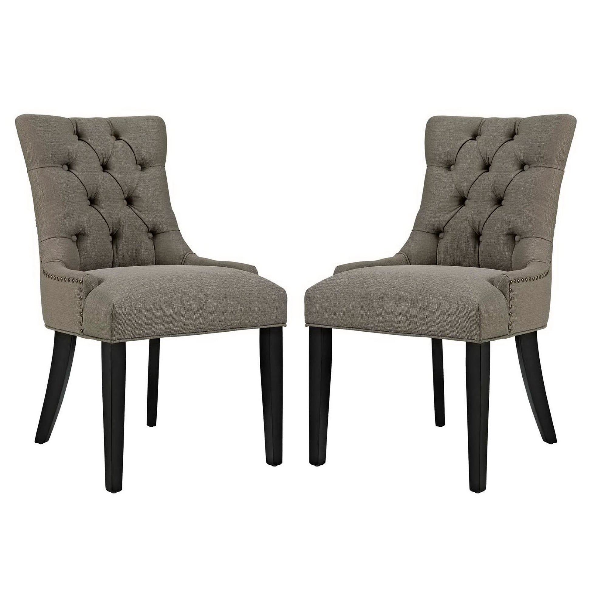 Taupe fabric-upholstered tufted dining chairs, set of two with nailhead trim and black tapered legs.
