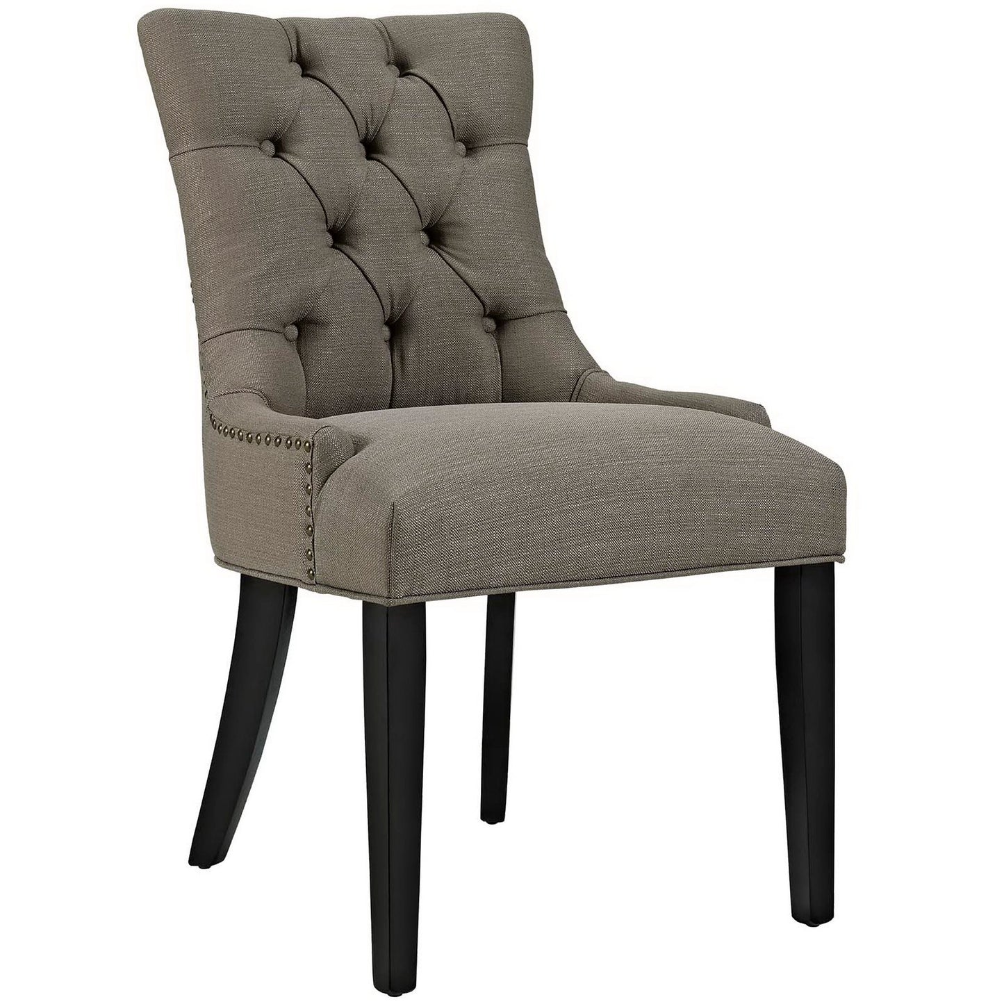Gray-taupe fabric dining side chair with nailhead trim and dark wood tapered legs, set of 2.