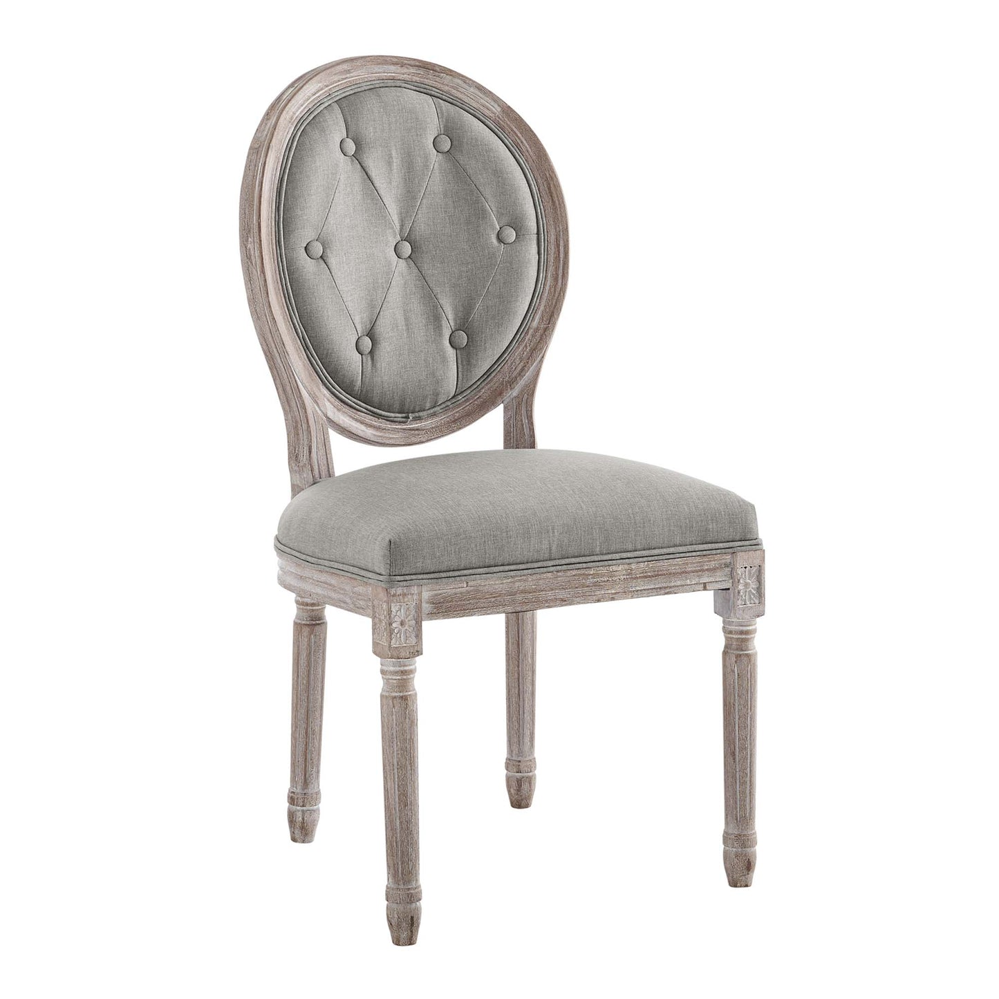 Oval-back tufted grey chair with weathered wood frame and turned legs; dining or accent seating.