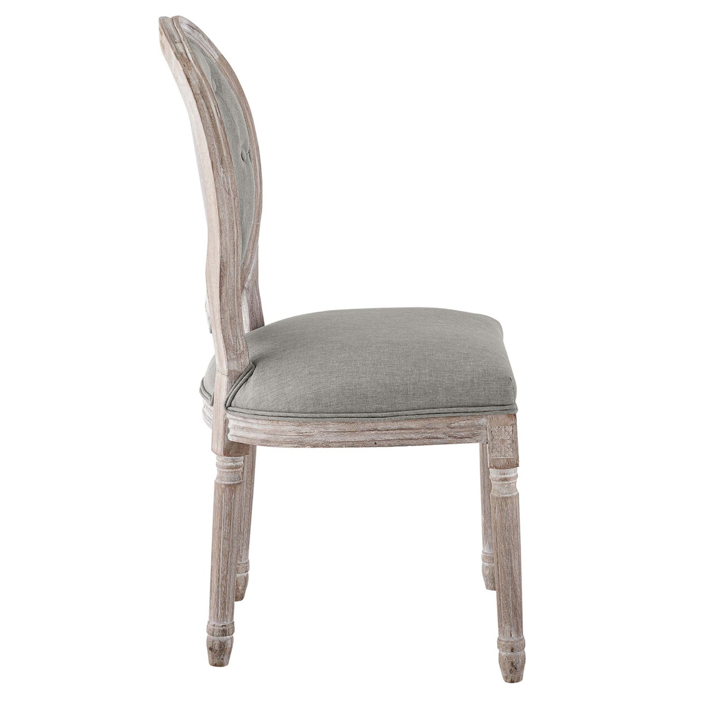 Wood dining chair with light gray upholstered fabric seat, curved backrest and turned legs in vintage French style.