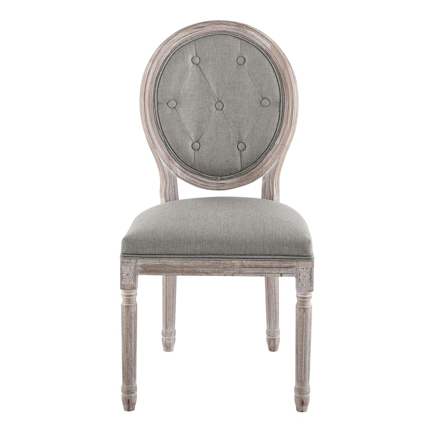 Round-tufted gray back dining chair with cushioned seat and distressed light-washed wooden frame.