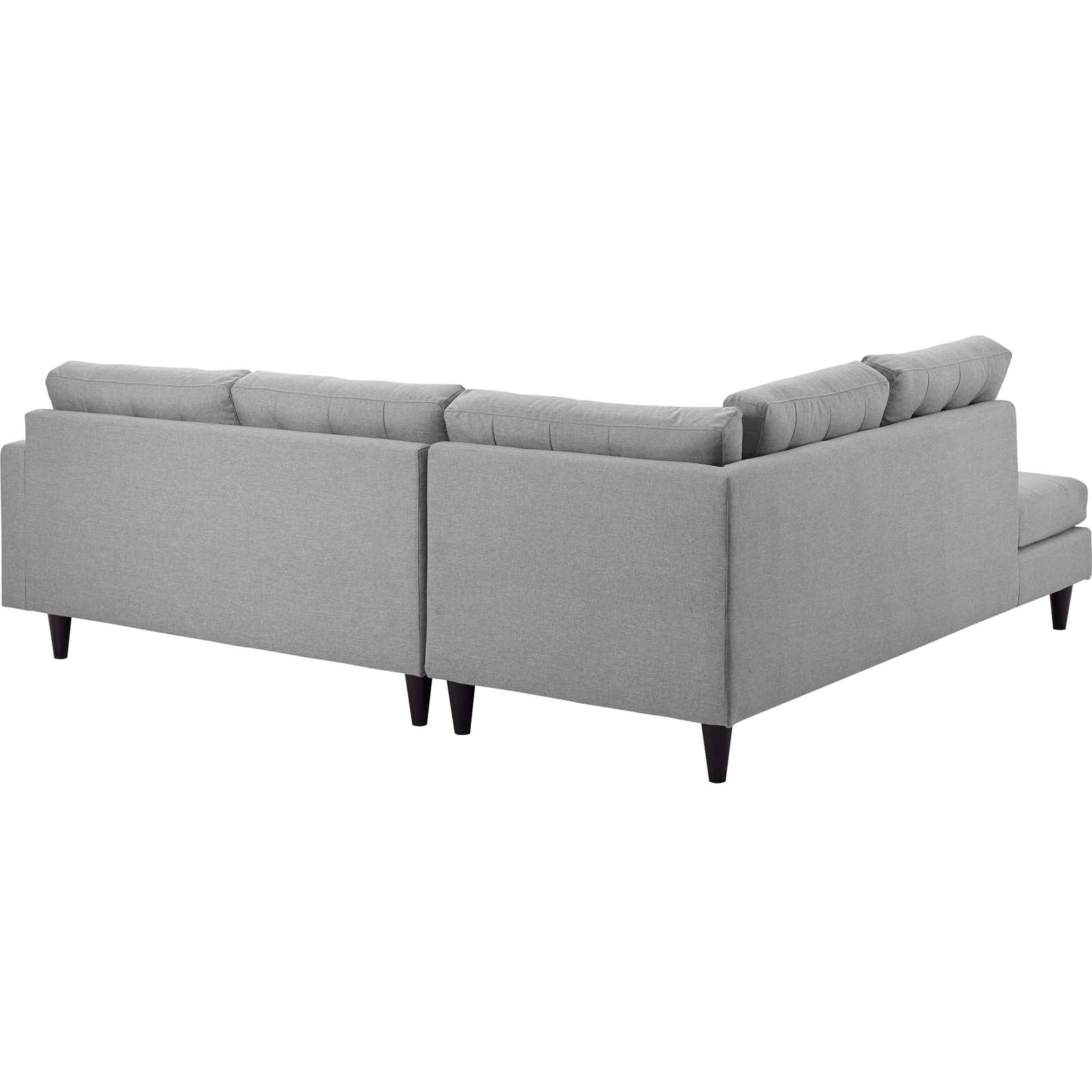 Grey fabric left-facing L-shaped sectional sofa with chaise & dark tapered legs.