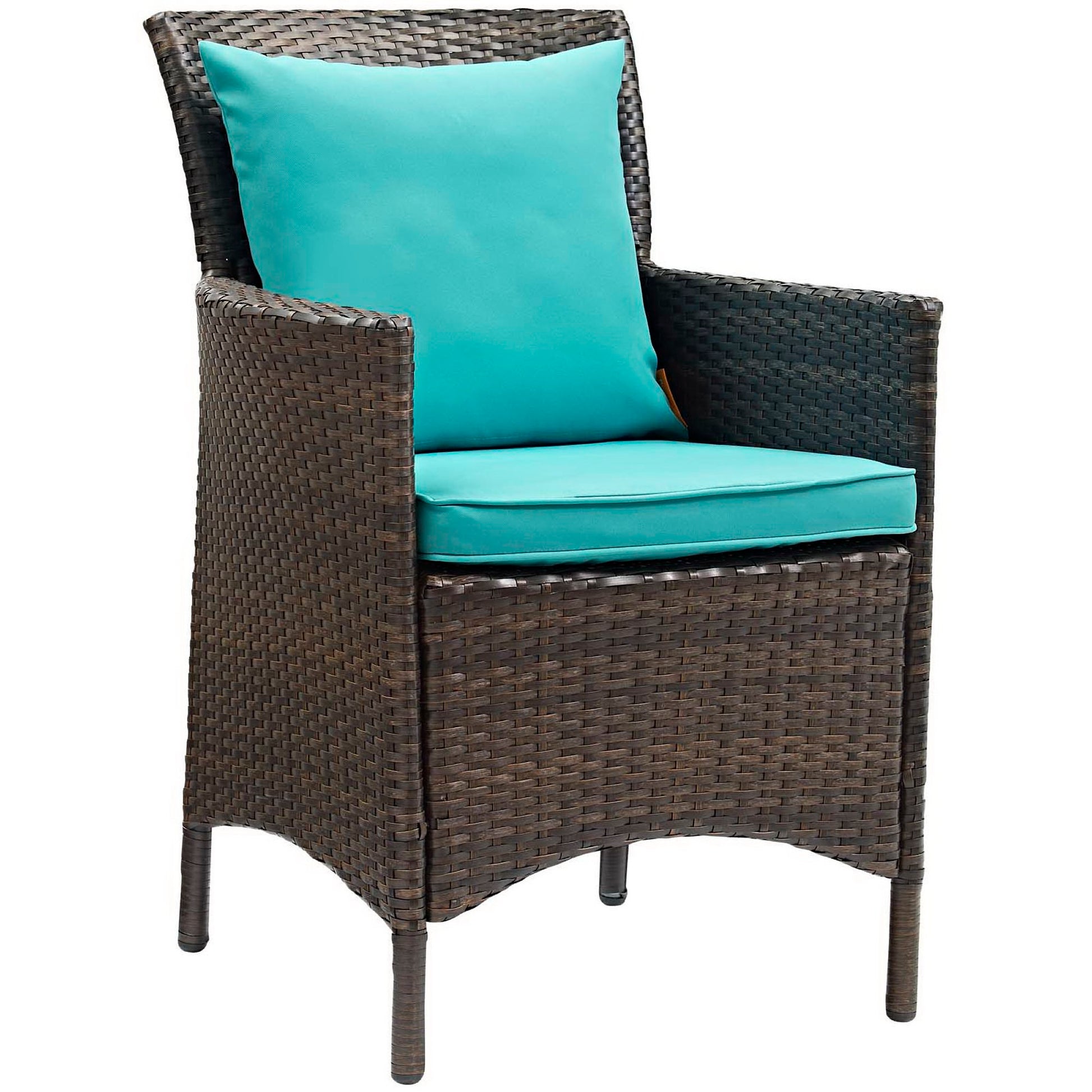 Brown wicker outdoor armchair with turquoise cushions; woven rattan-style frame.