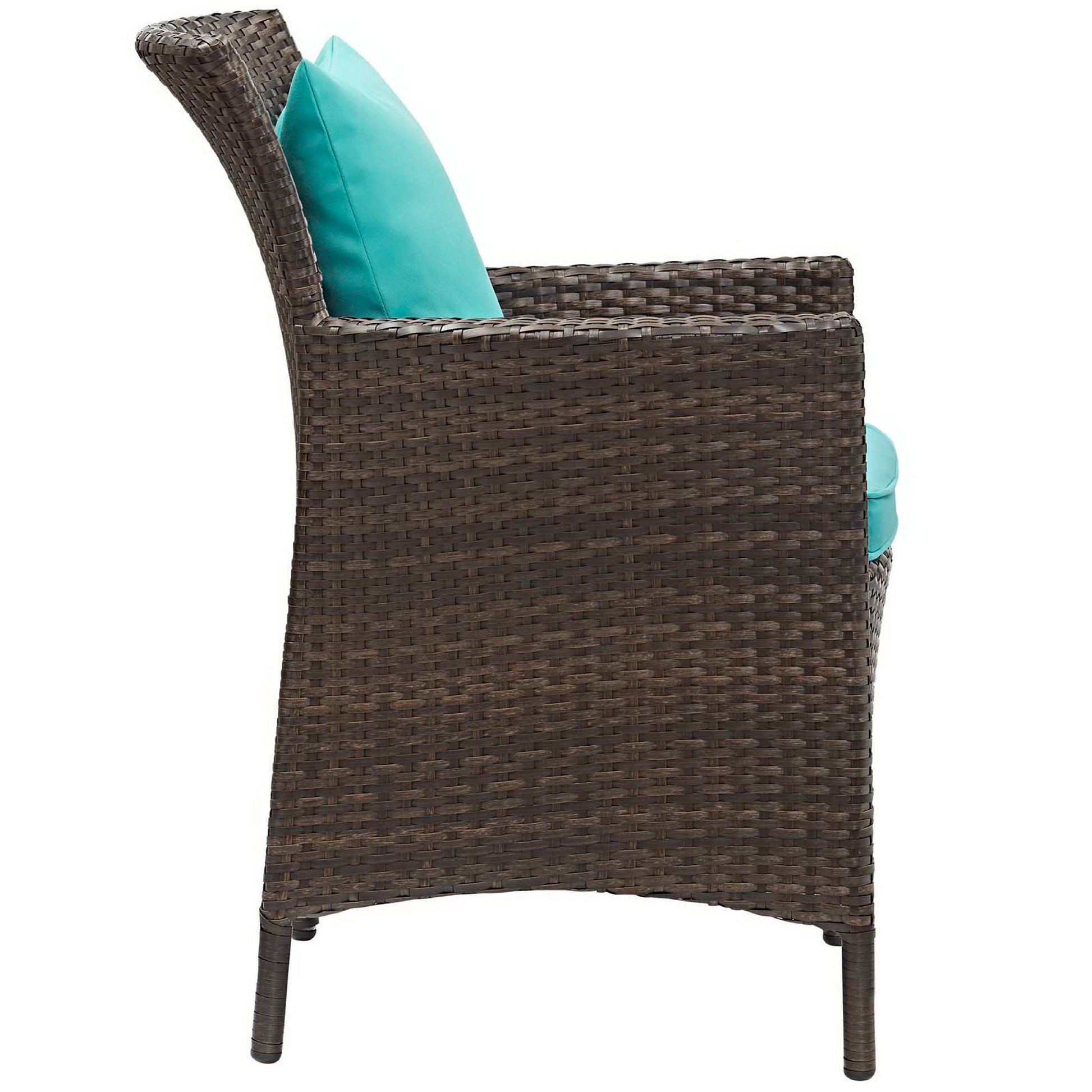 Dark brown woven rattan outdoor armchair with turquoise cushions; curved back & patio seating.