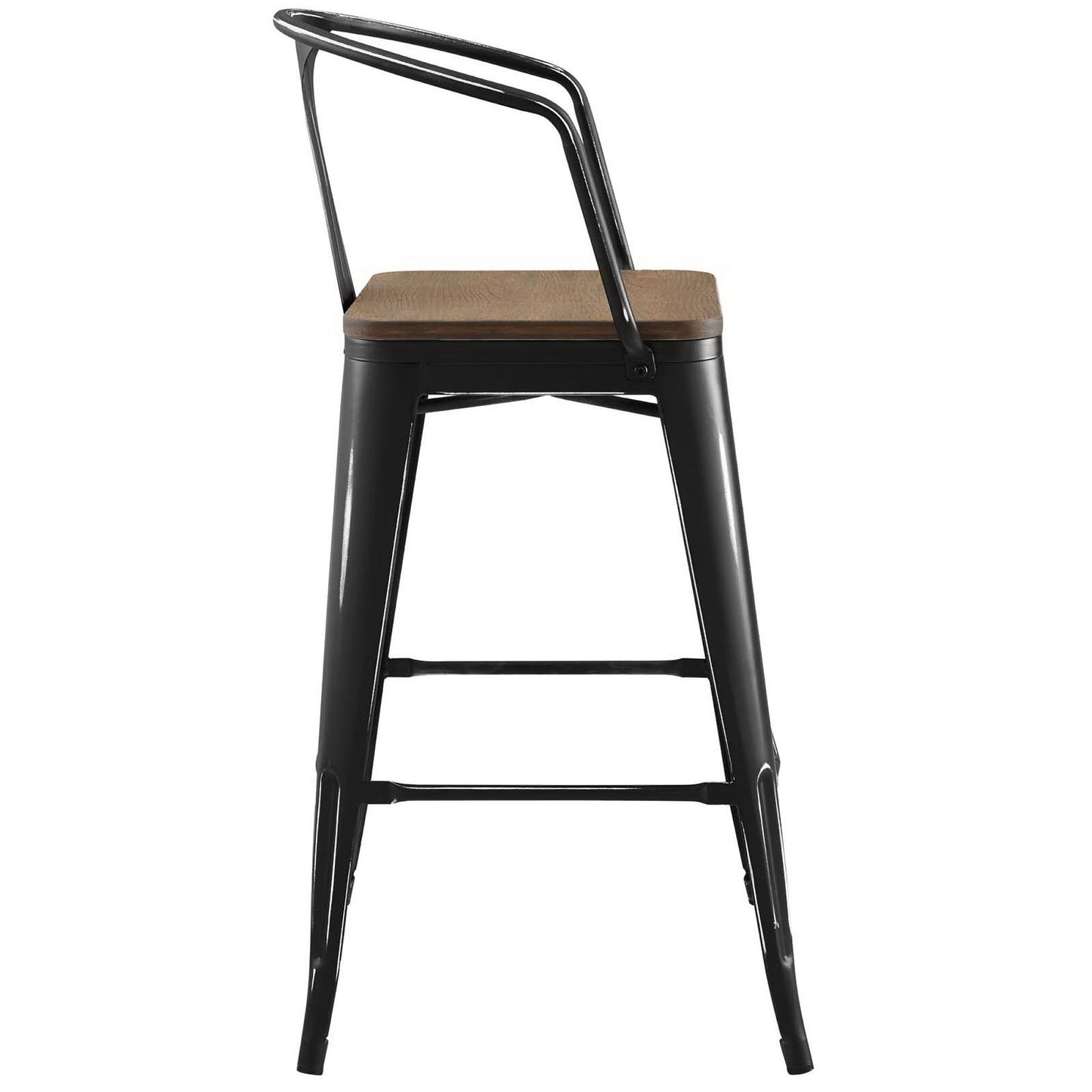 Black metal bar stool with a brown wood seat, curved backrest and footrest.