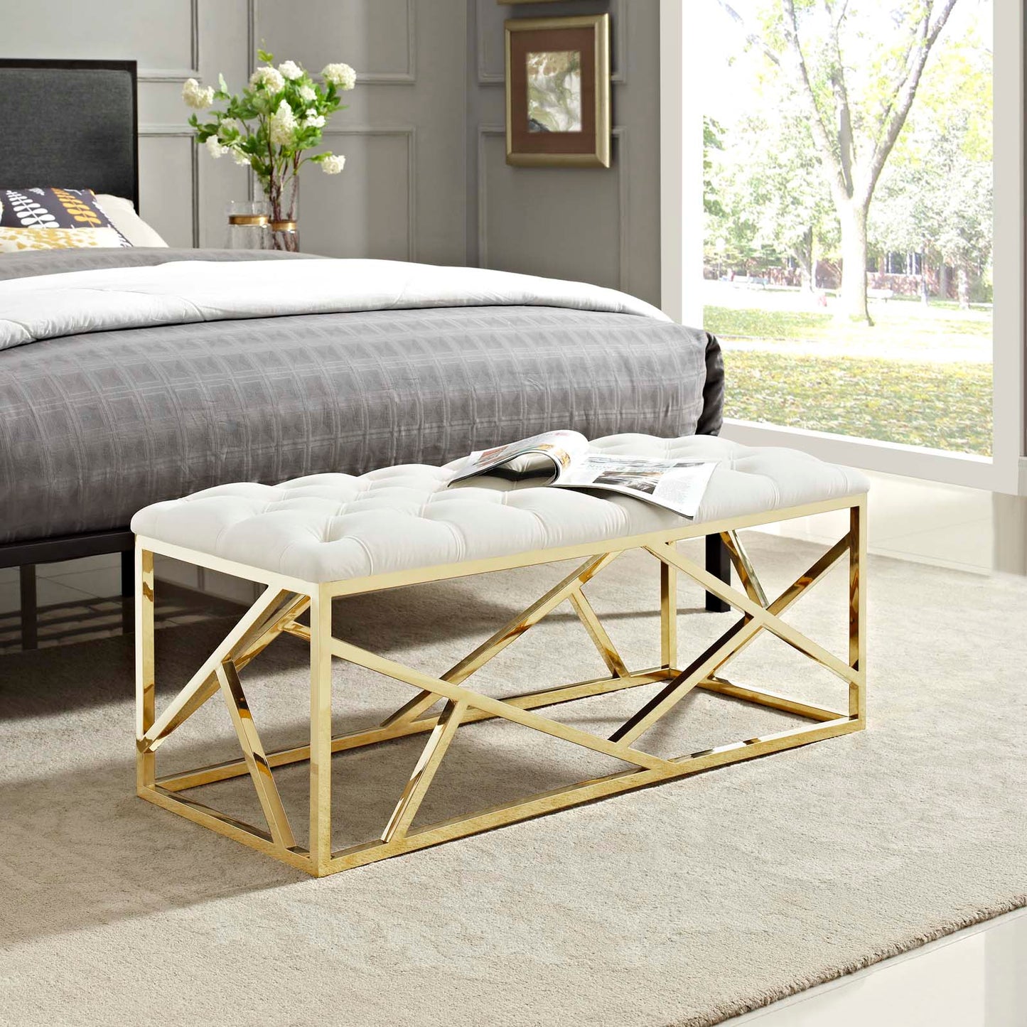 Modway Outlet Intersperse Bench by Modway  Living Room Furniture Gold Ivory - EEI-2847-GLD-IVO