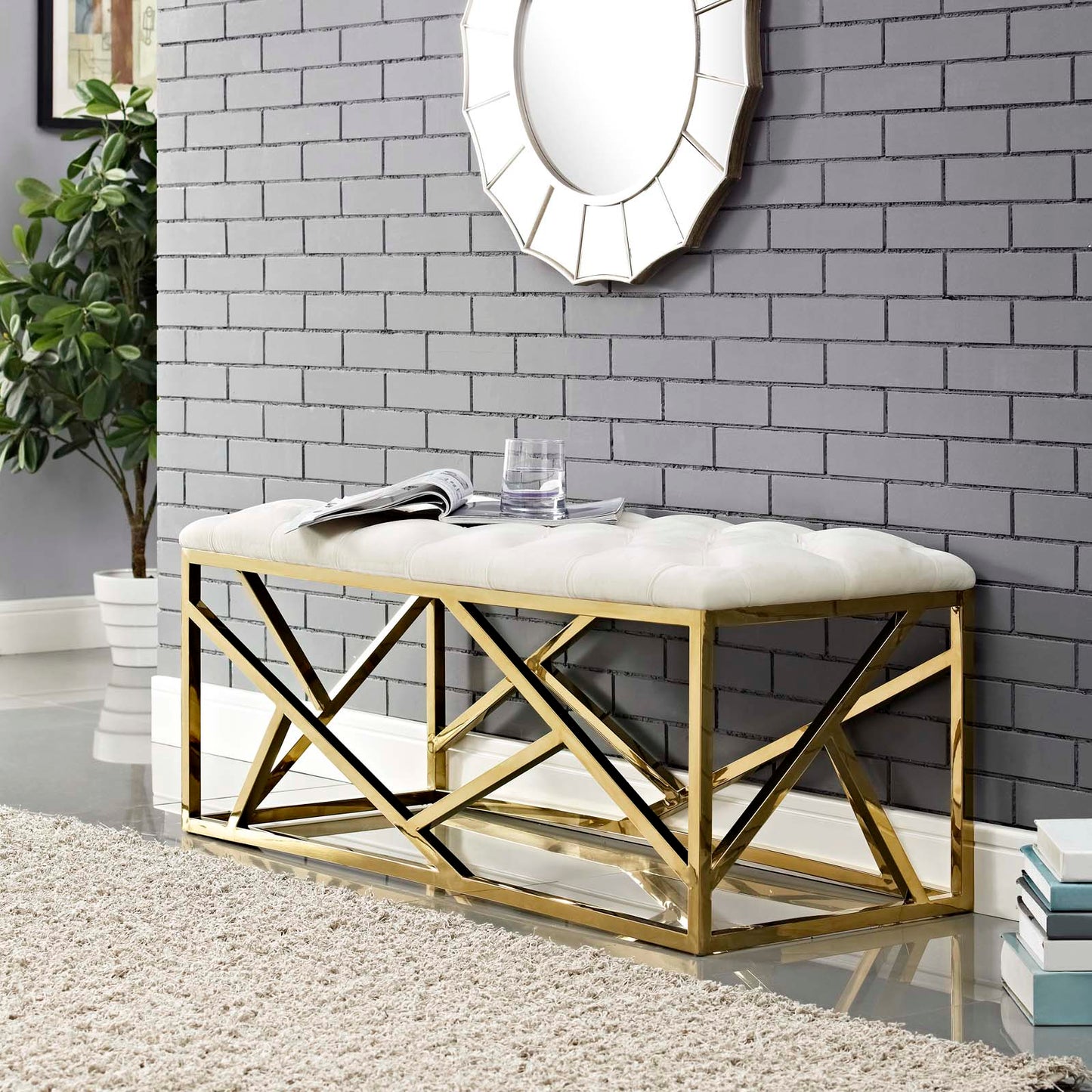 Modway Outlet Intersperse Bench by Modway  Living Room Furniture Gold Ivory - EEI-2847-GLD-IVO