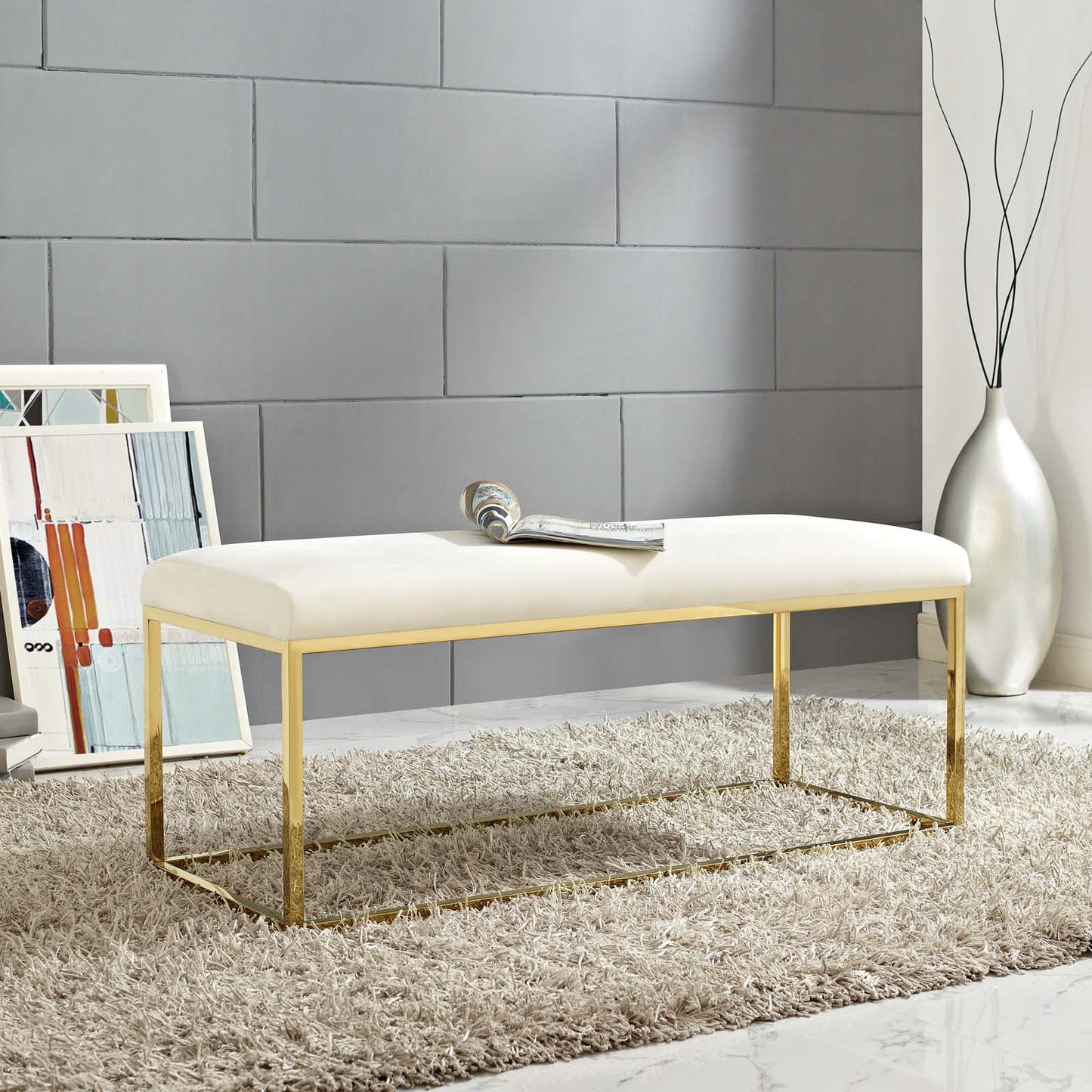 Modway Outlet Anticipate Fabric Bench by Modway  Living Room Furniture Gold Ivory - EEI-2851-GLD-IVO
