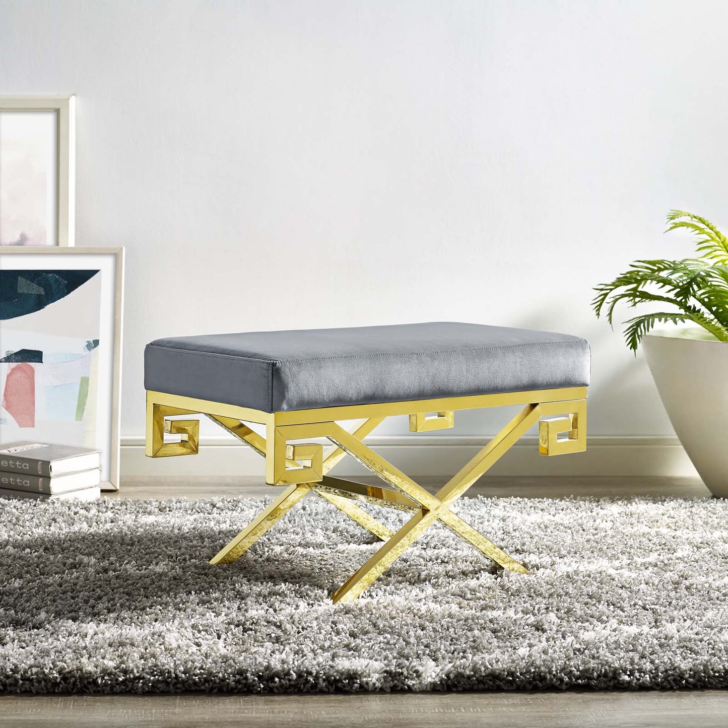 Modway Outlet Rove Velvet Performance Velvet Bench by Modway  Living Room Furniture Gold Gray - EEI-2879-GLD-GRY