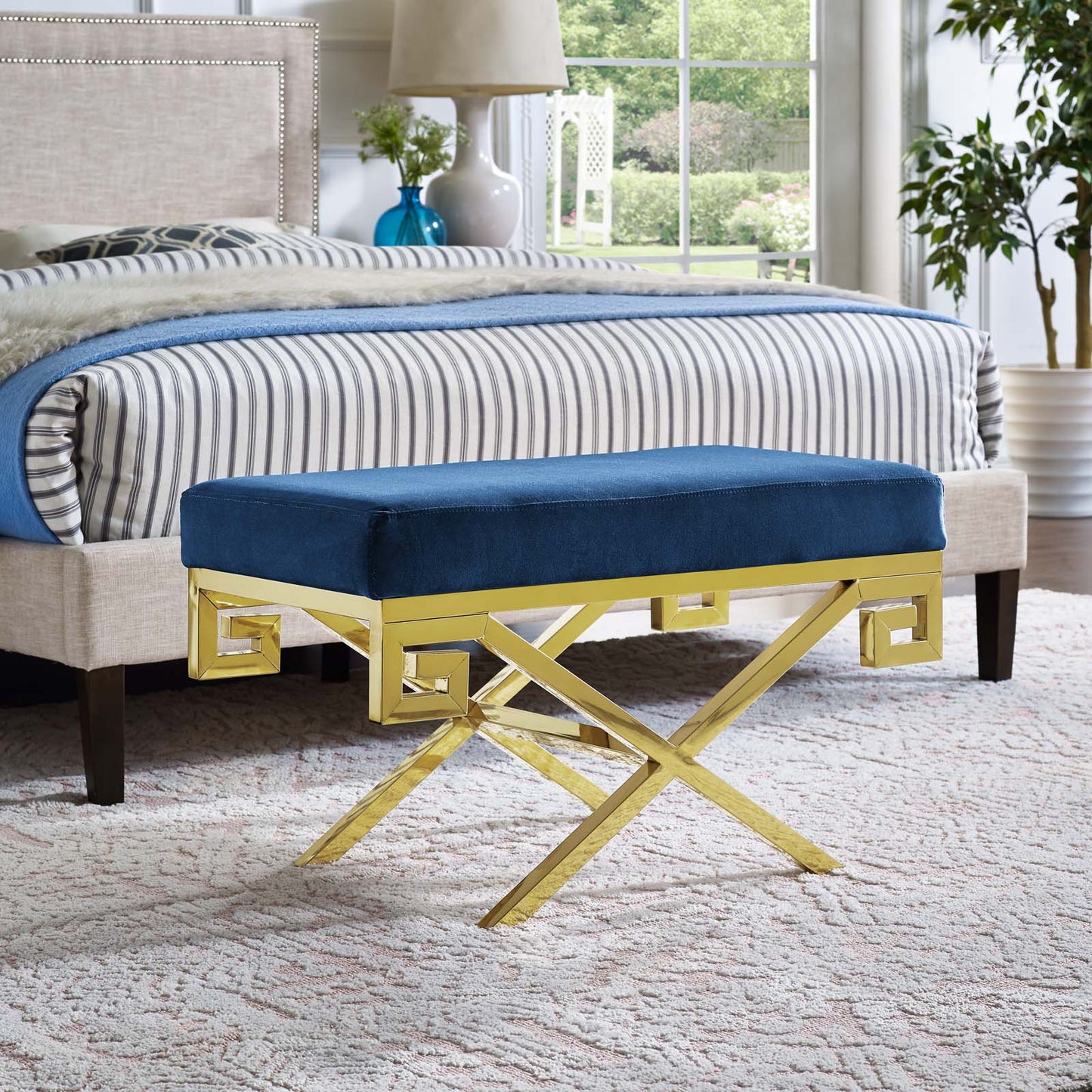 Modway Outlet Rove Velvet Performance Velvet Bench by Modway  Living Room Furniture Gold Navy - EEI-2879-GLD-NAV