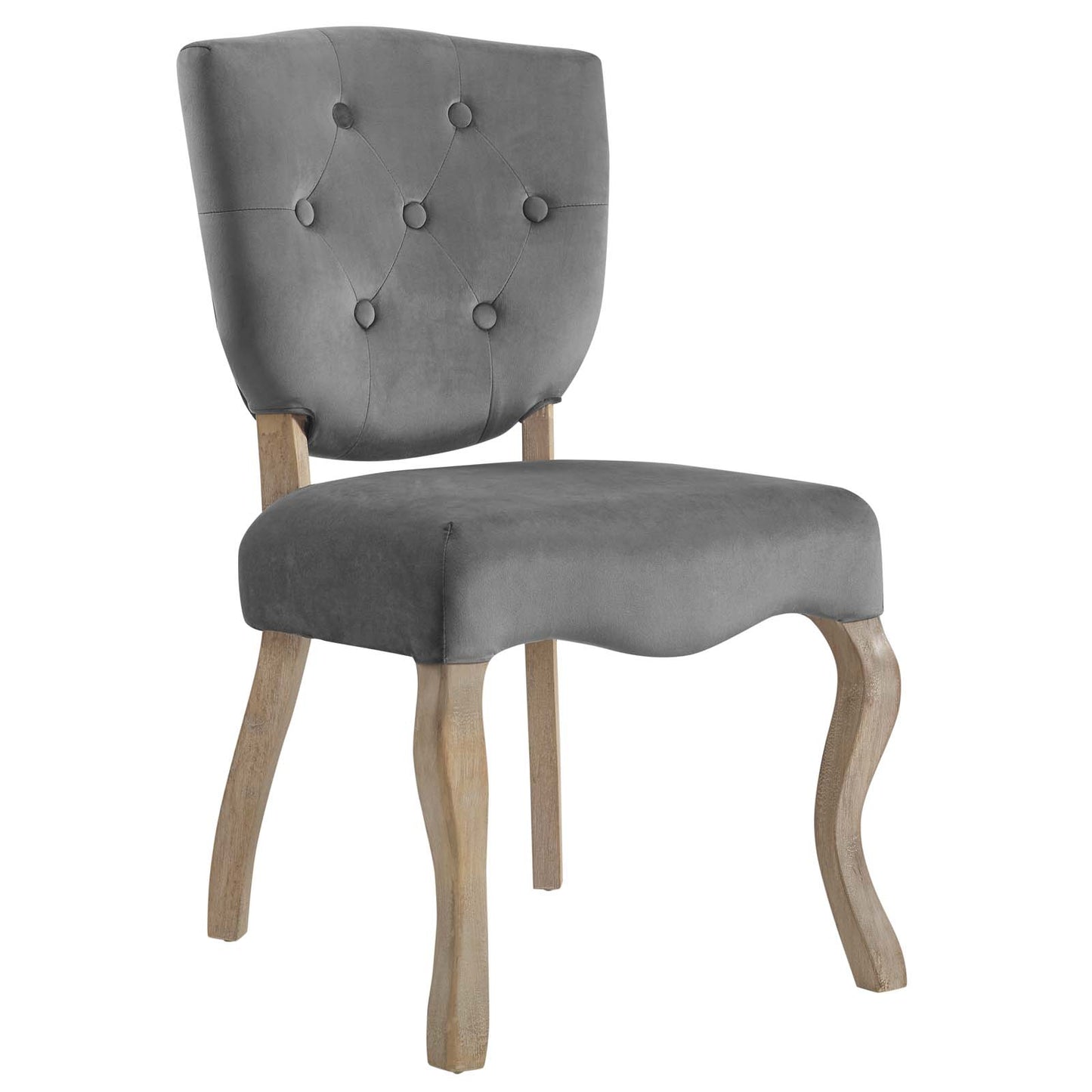 Gray velvet tufted dining chair with diamond-stitched back and natural wood cabriole legs.
