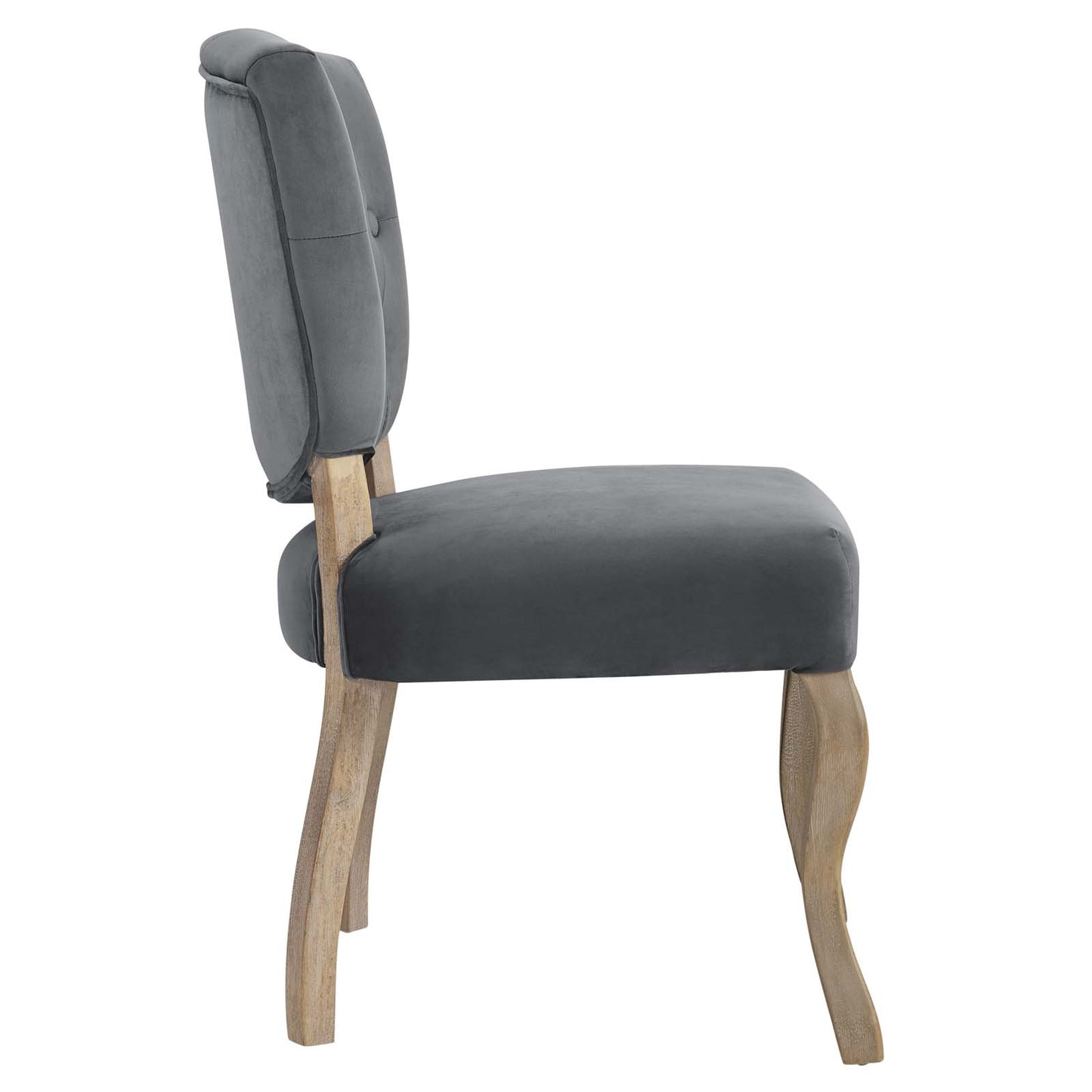 Grey velvet-like dining chair with cushioned backrest and slender curved wooden legs.