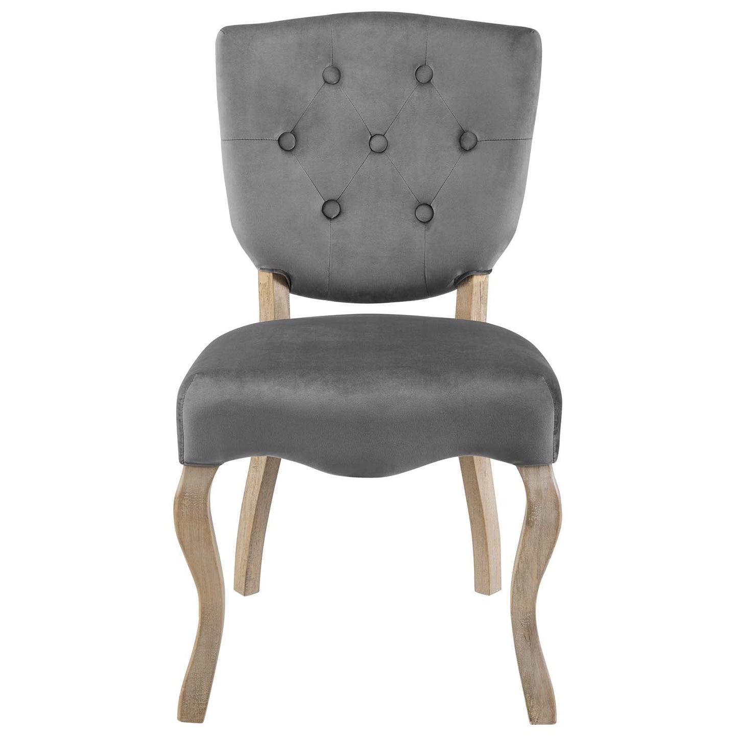 Grey velvet-upholstered dining side chair with diamond-tufted back and light wood curved legs; vintage-style accent chair.