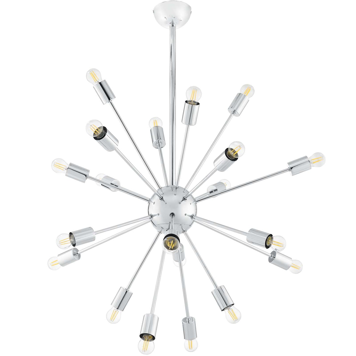 Chrome sputnik pendant chandelier with multiple radial arms and exposed Edison bulbs, modern mid-century style.