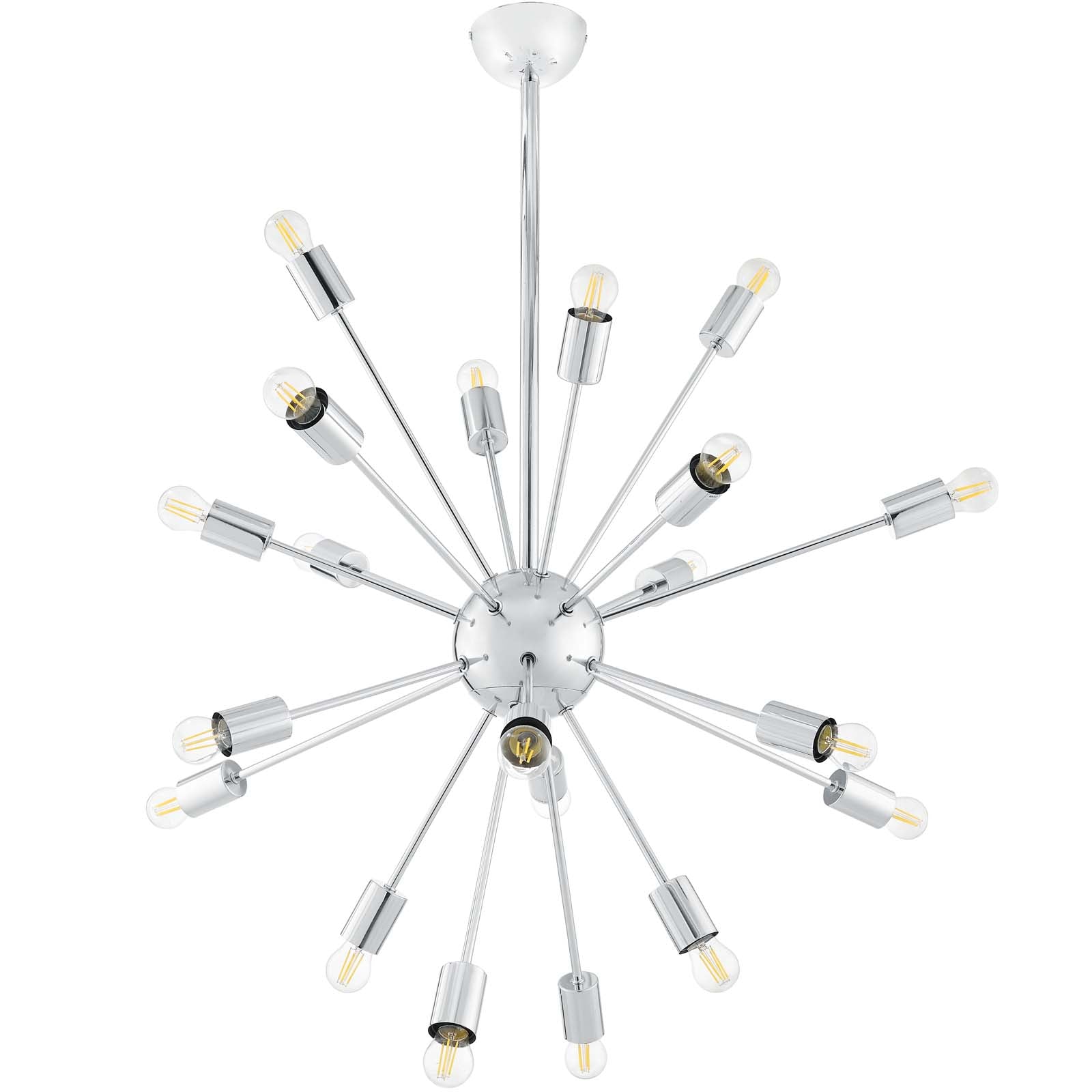 Chrome sputnik pendant chandelier with multiple radial arms and exposed Edison bulbs, modern mid-century style.