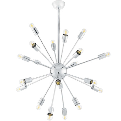 Chrome sputnik pendant chandelier with multiple radial arms and exposed Edison bulbs, modern mid-century style.