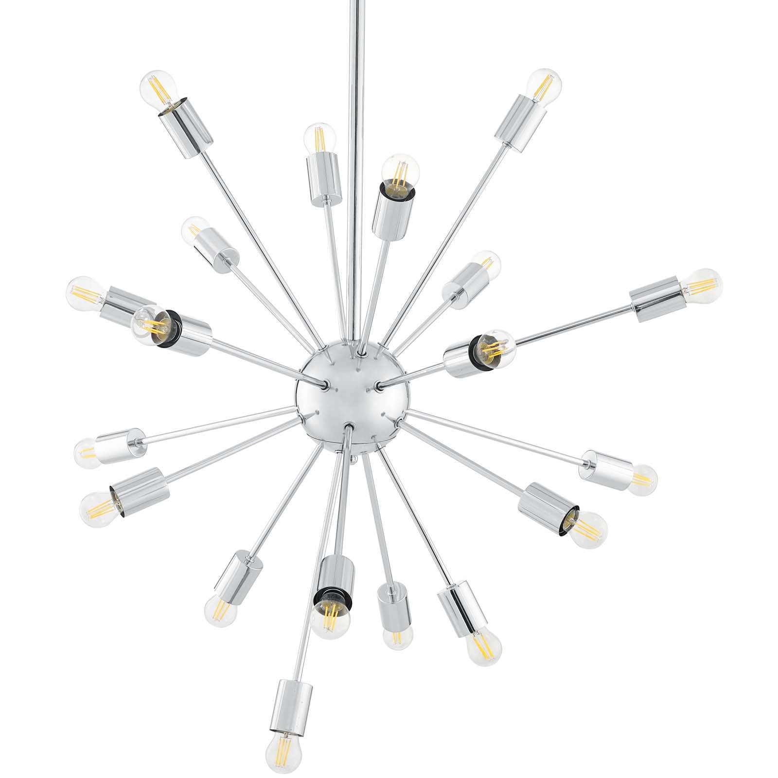 Sputnik-style chrome chandelier with many radiating arms and clear bulbs for a modern industrial ceiling light.