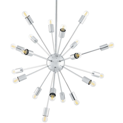 Sputnik-style chrome chandelier with many radiating arms and clear bulbs for a modern industrial ceiling light.
