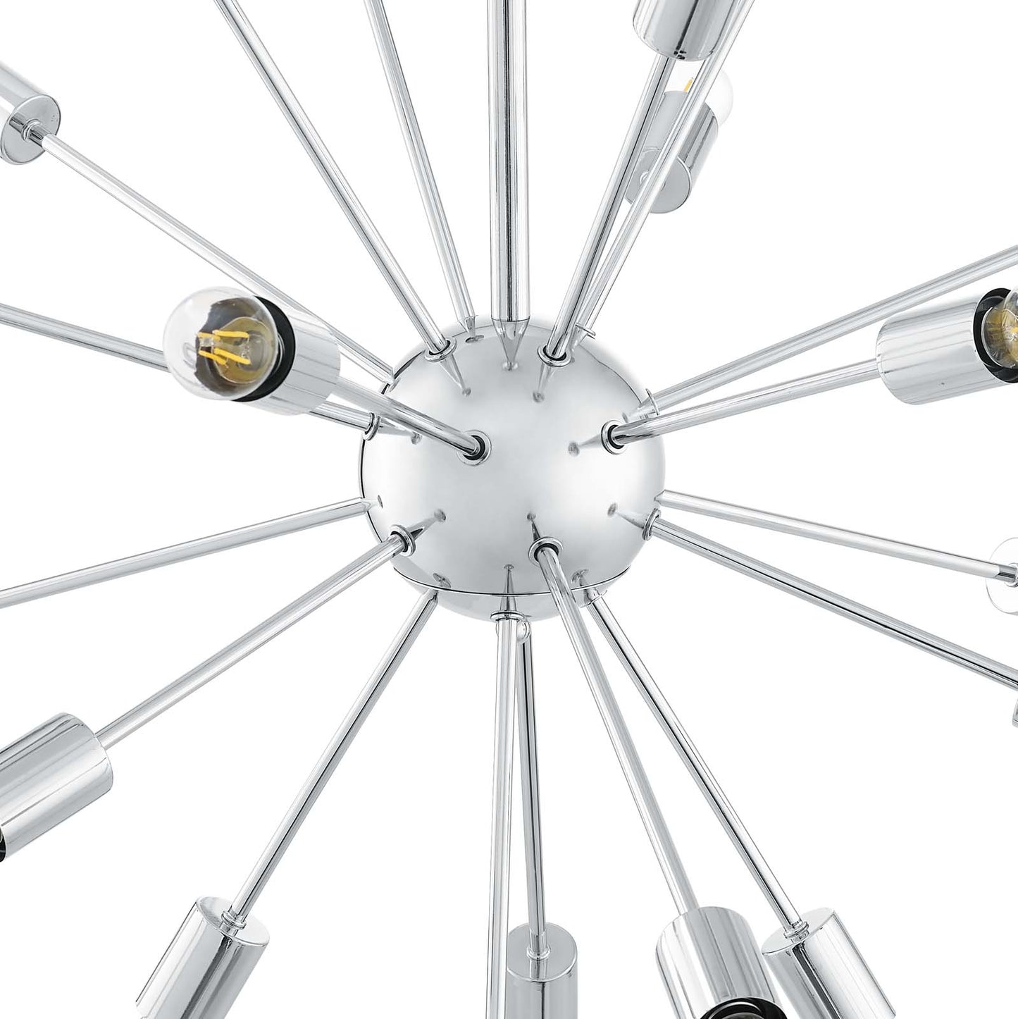 Chrome starburst pendant chandelier with radial metal arms and exposed bulbs.