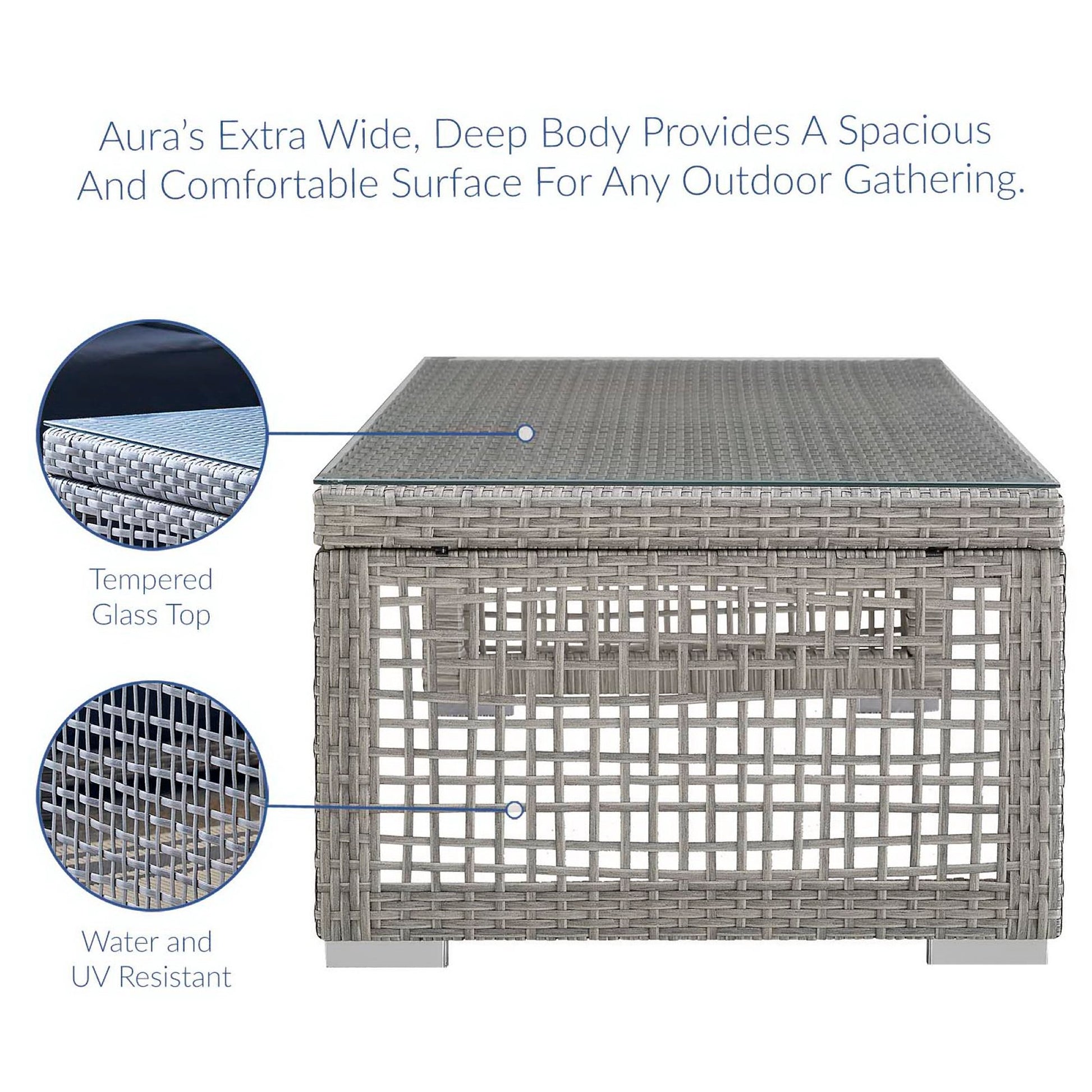 Gray woven outdoor coffee table with tempered glass top; water and UV resistant, square extra-wide patio centerpiece.