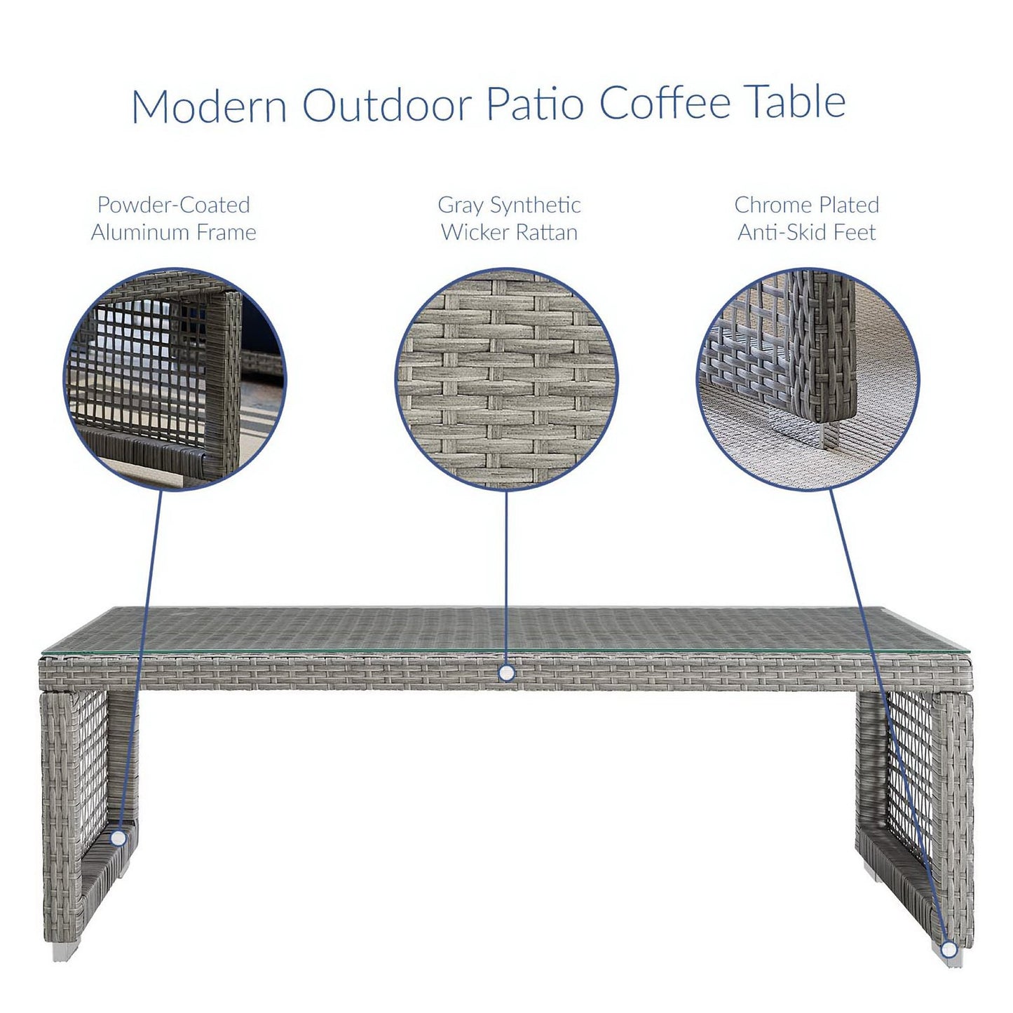 Modern outdoor coffee table in gray synthetic wicker with powder-coated aluminum frame and chrome-plated anti-skid feet.