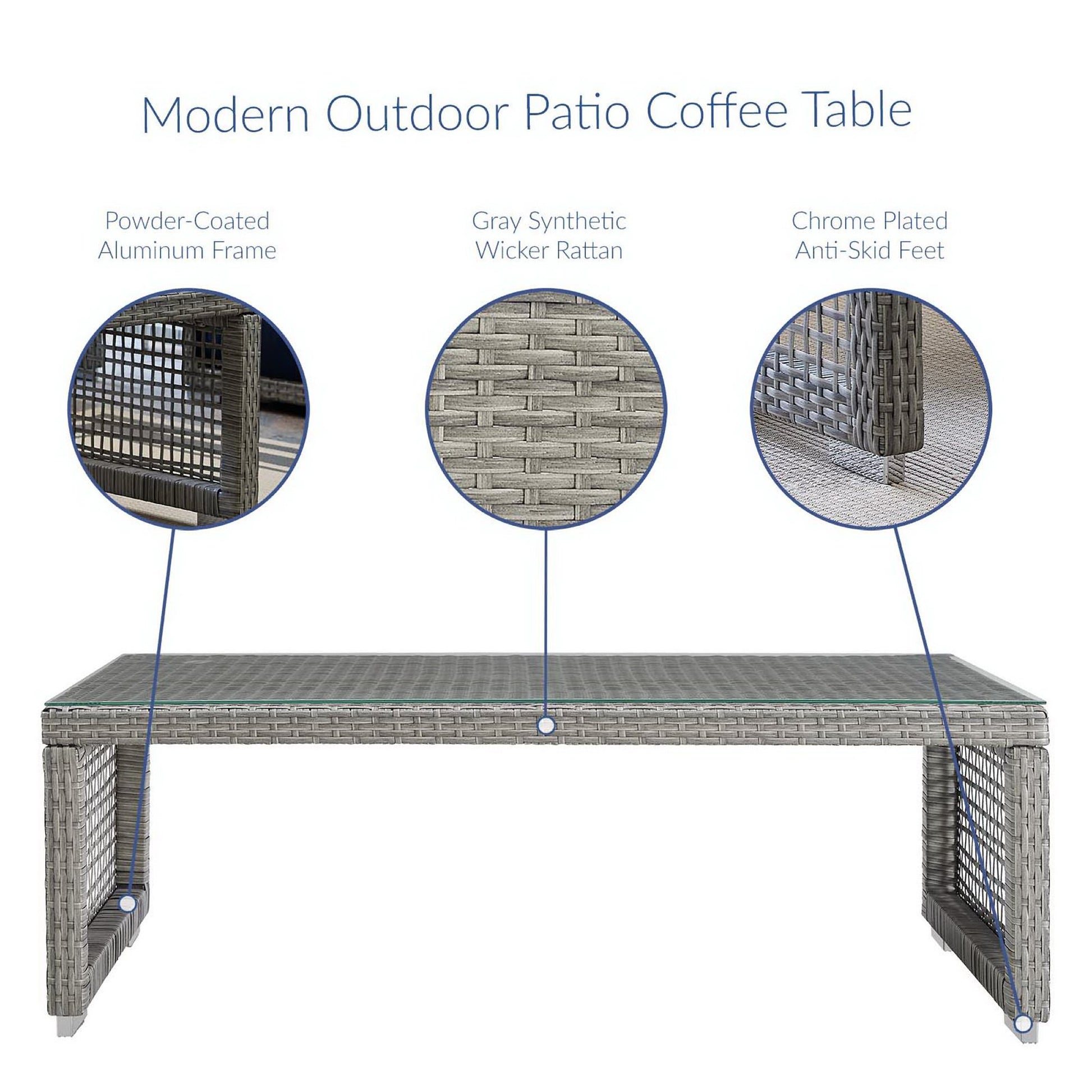 Modern outdoor coffee table in gray synthetic wicker with powder-coated aluminum frame and chrome-plated anti-skid feet.