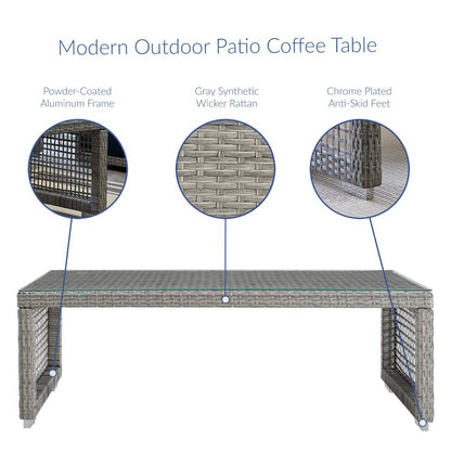 Modern outdoor coffee table in gray synthetic wicker with powder-coated aluminum frame and chrome-plated anti-skid feet.