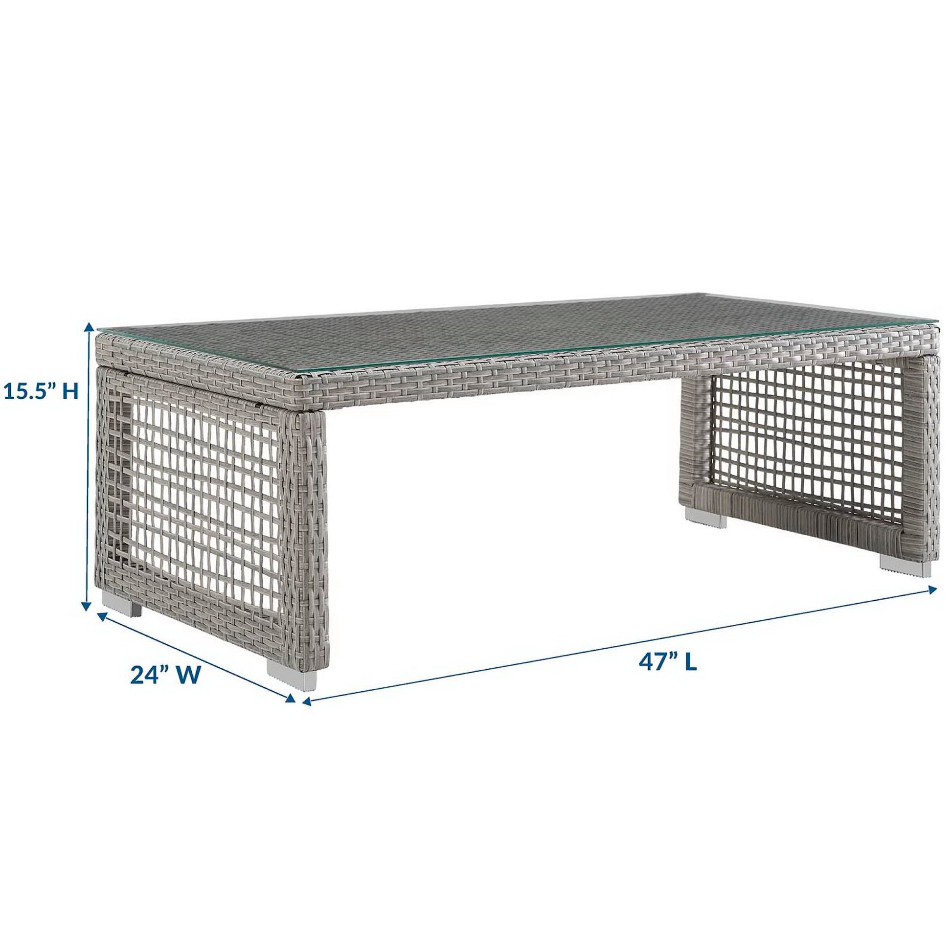 Gray rattan coffee table with glass top and lattice sides; rectangular outdoor patio table 47L x 24W x 15.5H.