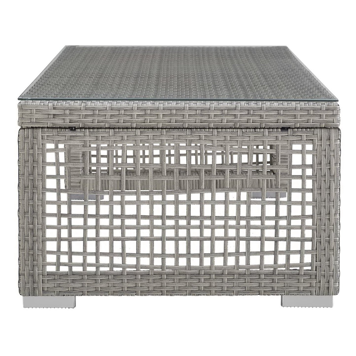 Gray resin wicker outdoor coffee table with square lattice sides.