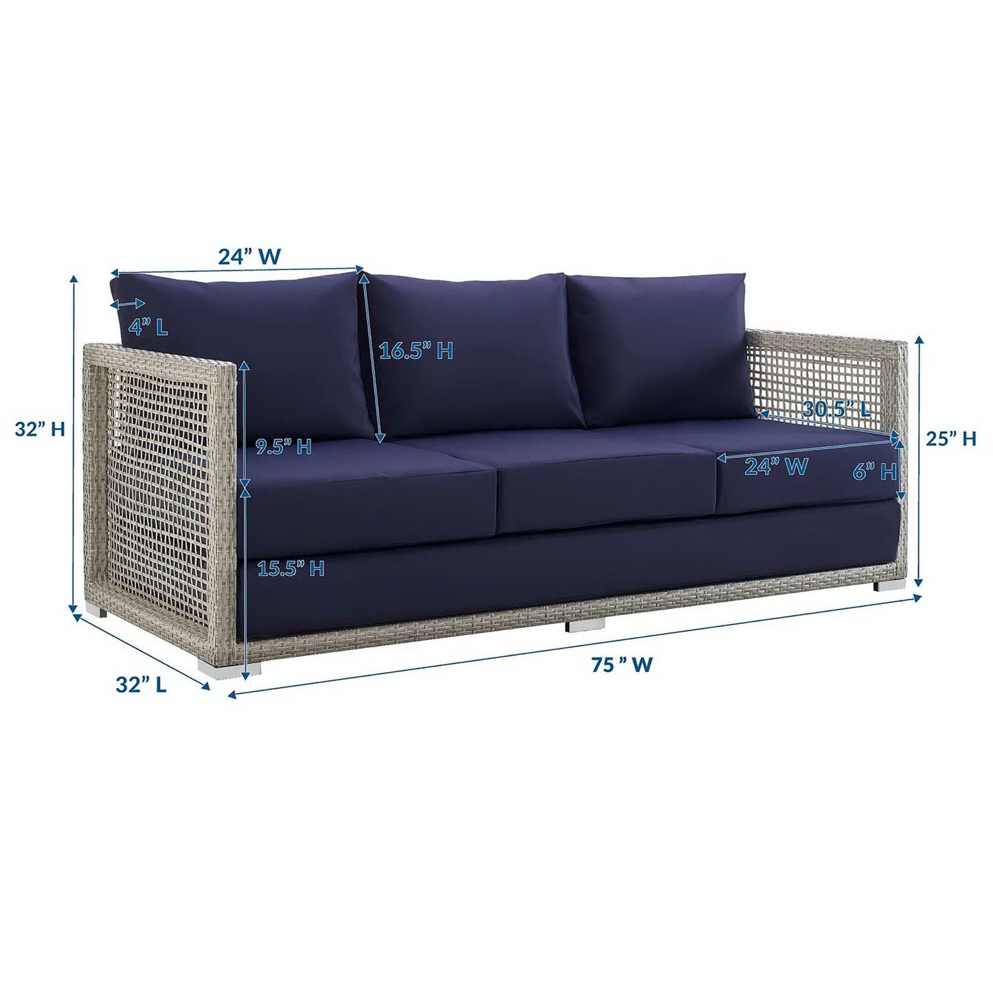 Modway - Aura Outdoor Patio Wicker Rattan Sofa by Modway  Outdoor Furniture Sofa Sectionals Blue - EEI-2923-GRY-NAV